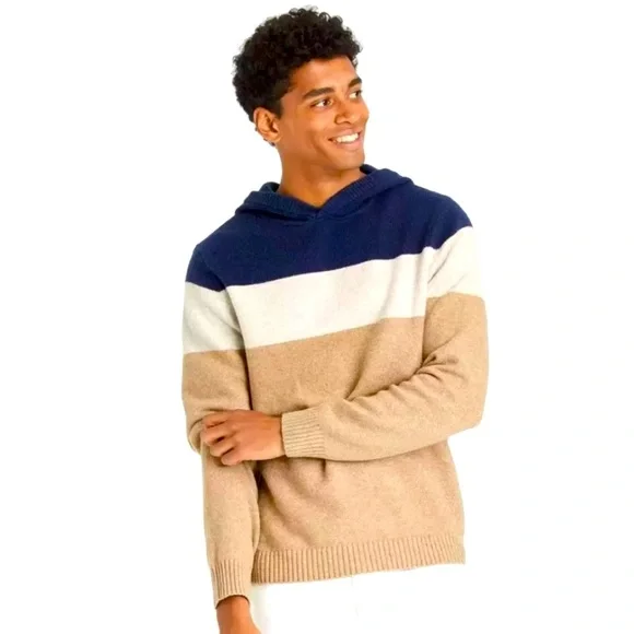 NEW Goodfellow Color-block Hoodie Sweater Blue, Cream & Tan Dapper Brown NWT - Picture 1 of 11